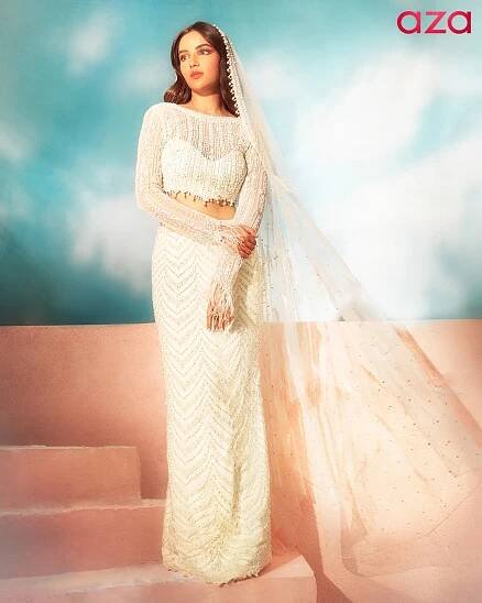Ivory Blouse And Skirt Net Embroidered Sequin Crystal & & Veil Set for Aza Fashions Cover Story