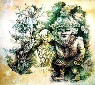 Malá lesní trpaslík nést svou lucernu v lesní, barevné kresby Stock Ilustrace od ©fluenta#116936328
