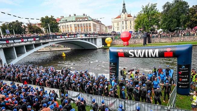 im 70.3 hradec kralove athletes waiting at the swim start