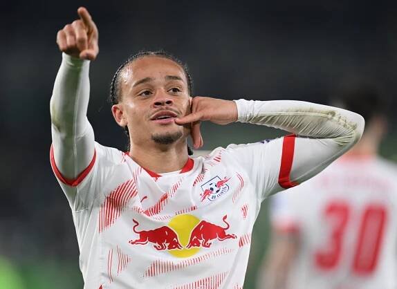 Xavi Simons of RB Leipzig celebrating a goal.