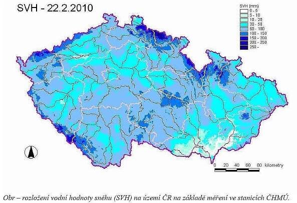 Rozložení vodní hodnoty sněhu (SVH) na území ČR na základě měření ve stanicích ČHMÚ  (únor 2010).