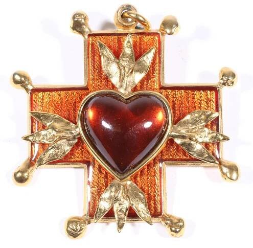 Yves Saint Laurent YSL French Designer renaissance revival enamel jelly heart cabochon maltese cross pendant brooch. 3"H x 2 5/8"W