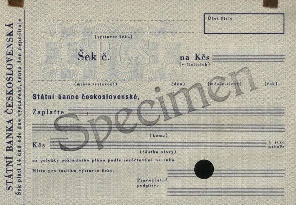 Soukromý šek Státní banka československá SBČS, vzor šeku - specimen