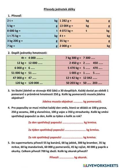 Převody jednotek hmotnosti interactive worksheet | Live Worksheets