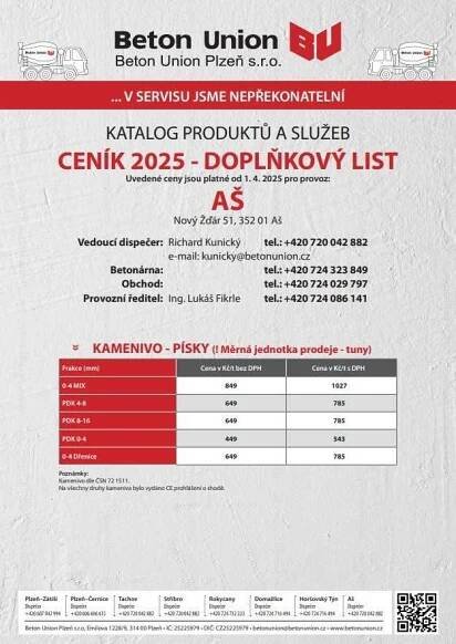 Ceník - Doplňkový list - kamenivo, písky 2025 - platnost od 1. 4. 2025