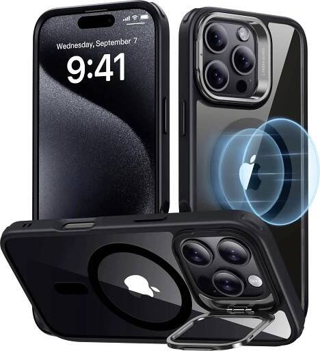 ESR Classic Hybrid HaloLock Case + Stash Stand zadní kryt na mobil Apple iPhone 16 Pro transparentní, černá Kompatibilní