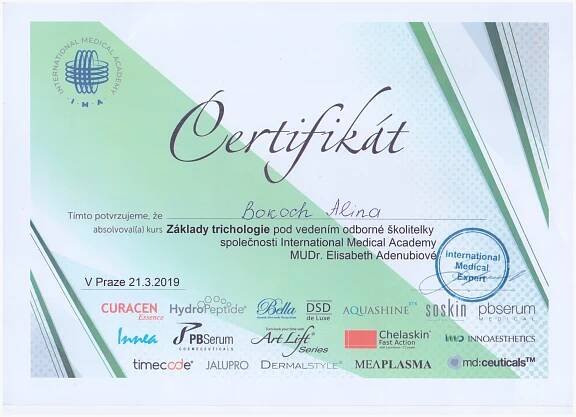 Certifikát MUDr. Alina Bokoch – Estetická klinika Praha