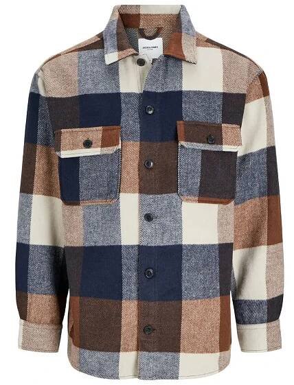 Velká pánská flanelová košile s dlouhým rukávem v kostce Jack & Jones 12263999 tmavě modro-hnědá