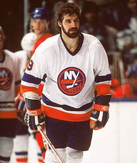 Canadian professional hockey player Clark Gillies of the New York Islanders on the ice during a home game at Nassau Coliseum, Uniondale, New York, 1980s.