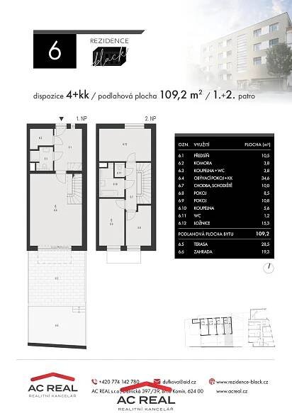 Prodej mezonetového bytu (townhouse) 4+kk, 109,2 m2 se zahradou - Brno (1.6)
