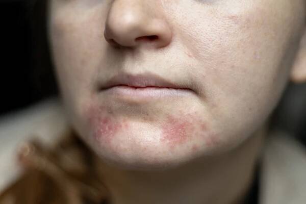 periorální dermatitida na ženské tváři. detailní dermatitida na kůži, nemocná alergická vyrážka, ekzém, kůže pacienta, příznak atopické dermatitidy, detail textury kůže. koncept dermatologie - seboroická dermatitida - stock snímky, obrázky a fotky