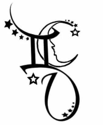 the letter f is decorated with stars and crescents in black ink on a white background
