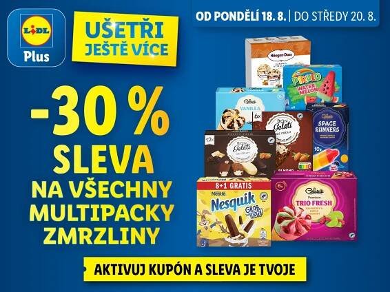 Reklama na 30% slevu na multipacky zmrzlin, včetně značek Häagen-Dazs, Pirulo a Gelatelli.