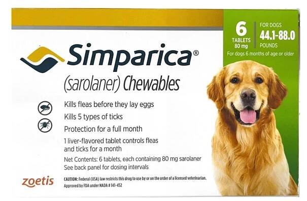 Zoetis Simparica Dog Tick and Flea Control Tablets, 80 mg