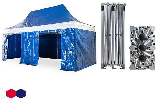 Nůžkový párty stan 3x6 m TENTino BH EXTREME PVC EXTRA HIGH ROOF Barva opláštění: 8A - MODRÁ (VOLÁNY BÍLÉ), 300×600 cm