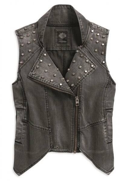 Women's Black Studded Denim Biker Vest