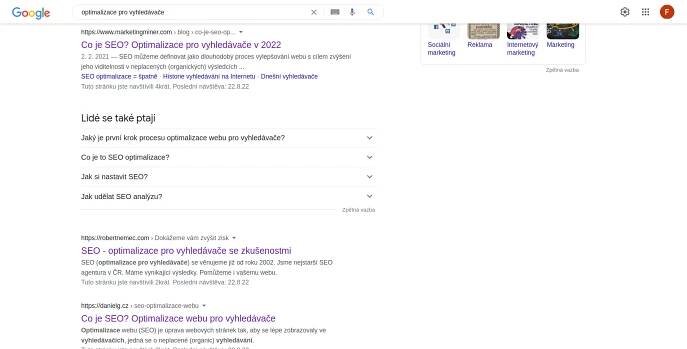 Výsledky vyhledávání Google na dotaz"optimalizace pro vyhledávače"