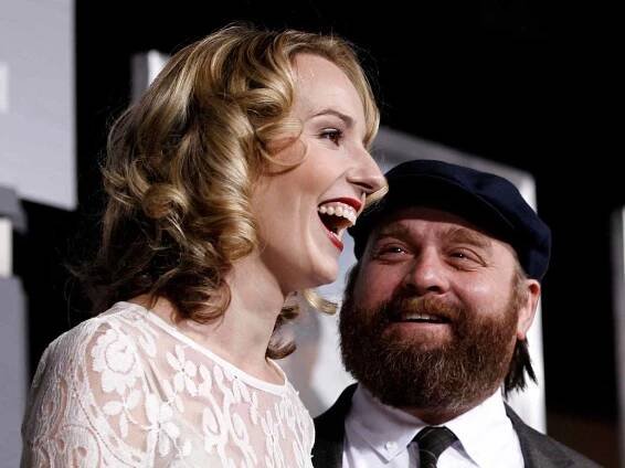 Cast member Zach Galifianakis, right, and Quinn Lundberg arrive at the premiere of "Due Date" in Los Angeles on Thursday, Oct. 28, 2010. (AP Photo/Matt Sayles)