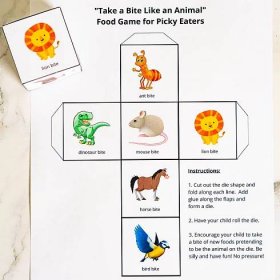 Printout and example of animal dice game for picky eaters
