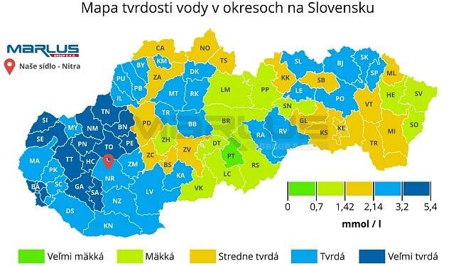 Informácie o tvrdosti vody v jednotlivých častiach Slovenska