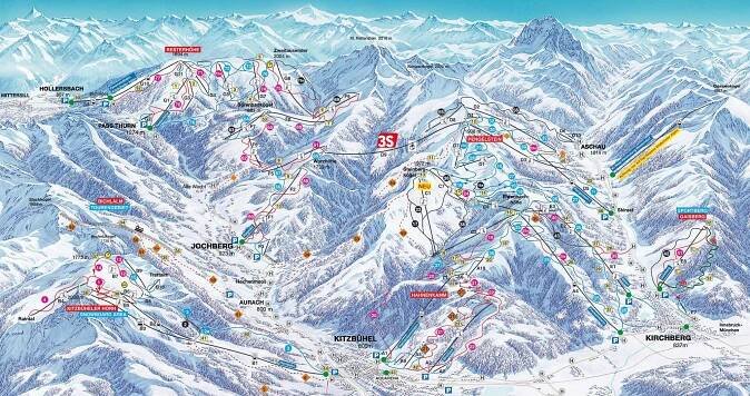 Kitzbühel - Kirchberg - lyžařská mapa, skimapa sjezdovek a lanovek, zimní panorama ski areálu
