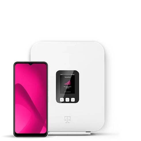 A phone shows the T Life app interface. It sits next to a white T-Mobile Home Internet gateway.