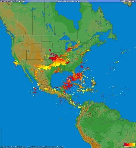 Mapa blesků North America 10.09.2025 03:48:00 UTC