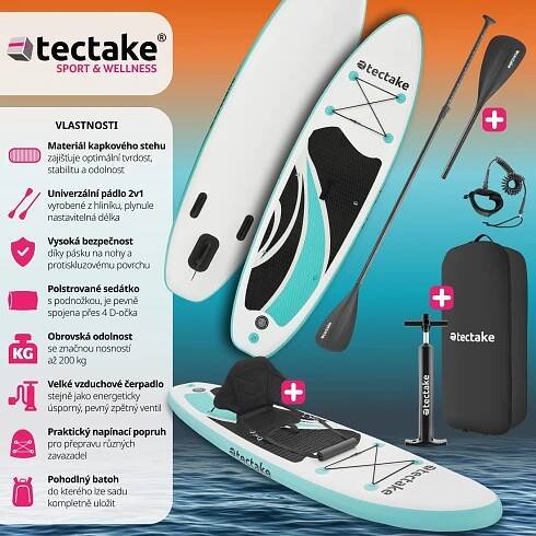 TecTake Zenon Paddleboard s příslušenstvím, 2 v 1 nafukovací, modro-bílý