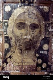 THE SAVIOR WITH GOLDEN HAIR. /nIcon from the Assumption Cathedral. 13th century. Stock Photo