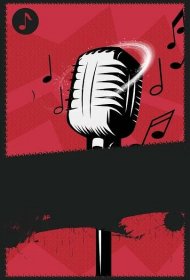 a microphone with musical notes coming out of it's mouth on a red and black background