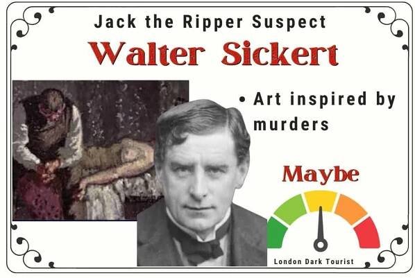 Photograph of Jack the Ripper suspect Walter Sickert with an inset of his dark, murder-inspired artwork. He is noted for his connection to the arts rather than direct evidence, with the risk meter suggesting 'Maybe' for his potential involvement.