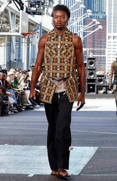 David Banda walks the runway during "DUTY FREE", the S/S 2025 Off-White fashion show during New York Fashion Week on September 08, 2024 at Brooklyn Bridge Park in New York City.