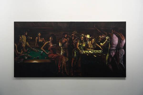 A painting showing a bar scene, in which some of the patrons exchange stolen glances of queer desire.