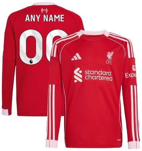  Liverpool adidas Youth 2025/26 Home Custom Replica Long Sleeve Jersey - Red