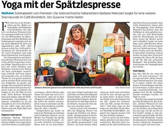 Pressebericht über Barbara Weinzierl Kabarett "Wir müssen reden! Sex, Geld und Erleuchtung" in Wahlheim März ´19 