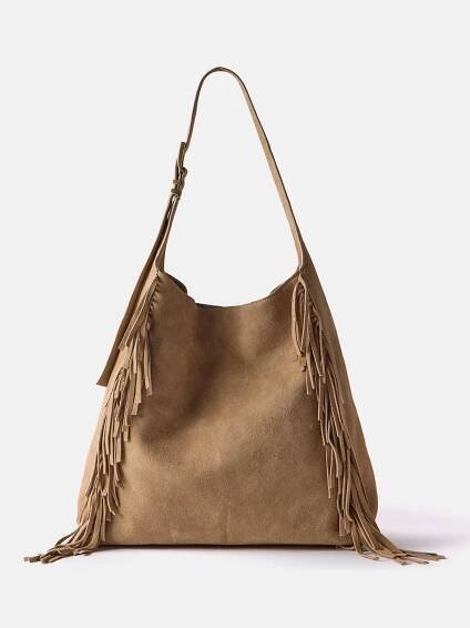 Camel Suede Fringed Bag