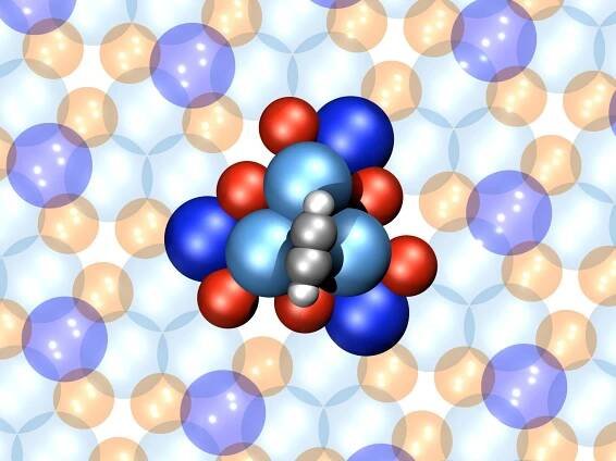 A model of the nano motor – the stator is made up of six palladium atoms (blue) and six gallium atoms (red), with a four-atom rotor made up of a four-atom acetylene molecule (gray)