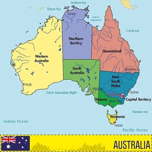 Mapa Austrálie s regiony a jejich hlavní města — Ilustrace