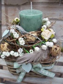 Eggs, Flowers, and Candle in Easter Basket Easter Nests, Easter Bunny Wreath, Easter Party