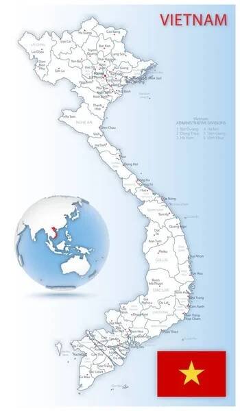 Detailní Vietnam administrativní mapa s vlajkou země a umístění na modré zeměkouli. — Ilustrace