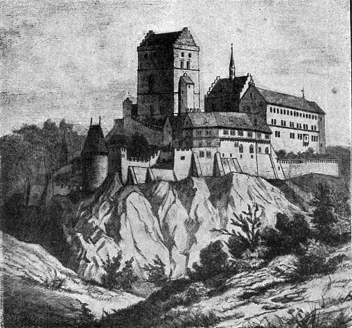 Karlův Týn (jiný název Karlštejna) v roce 1857 na vyobrazení malíře a grafika Josefa Sheiwla (1833–1912), [2]