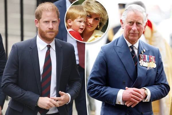 Prince Harry split with King Charles III with an inset of Harry and Princess Diana.