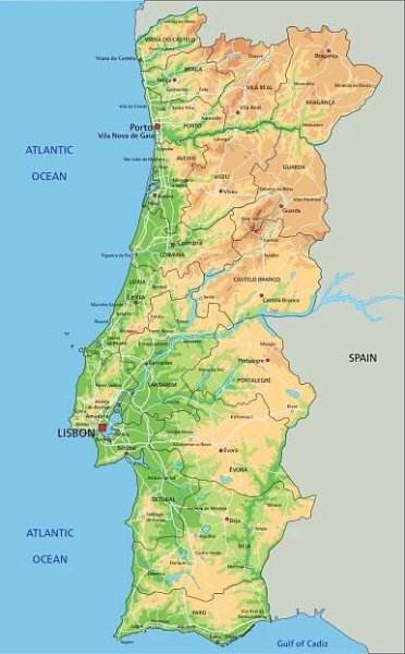Portugalsko, fyzická mapa – Bardocz Peter / Shutterstock