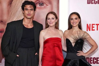 Charles Melton, Julianne Moore and Natalie Portman attend Netflix's May December Los Angeles premiere at Academy Museum of Motion Pictures on November 16, 2023 in Los Angeles, California.