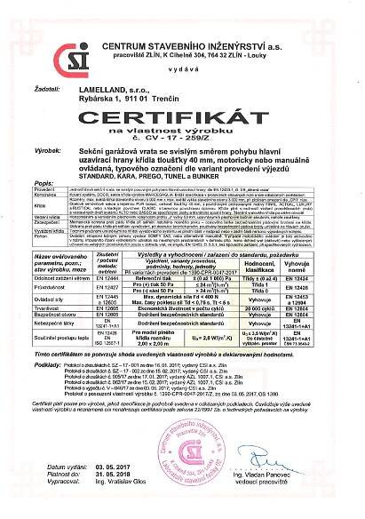 certifikat sekciova garazova brana