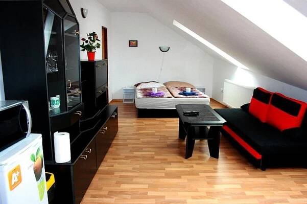 a living room with a couch and a bed at Ubytování Sušice in Sušice