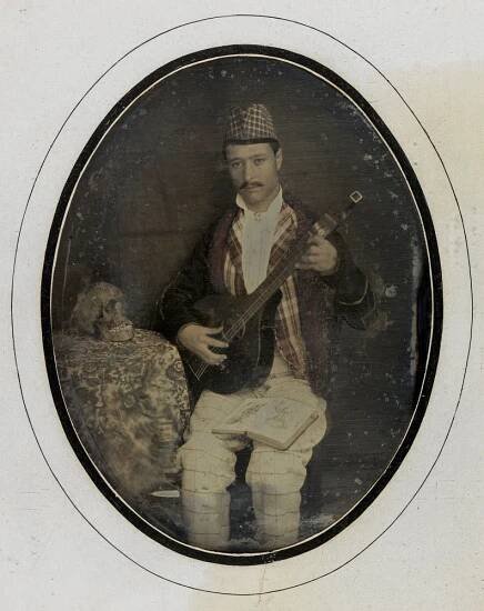 José Maria Blanco (Spanish, active c. 1850) 'Man with mandolin' 1851 from the exhibition 'Still Performing: Costume, Gesture, and Expression in 19th Century European Photography' at the Nelson-Atkins Museum of Art, Kansas City