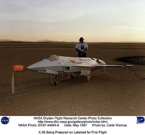 A technician at Dryden prepares the X-36 for its first flight