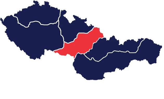 Mapa - Jihomoravský, Olomoucký, Zlínský, Moravskoslezský kraj