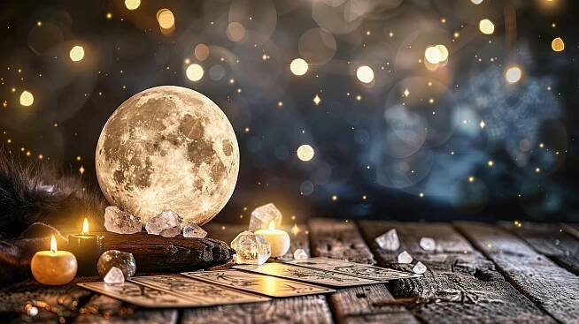 Moon, Crystals, and Tarot Cards on Wooden Table with Starry Background